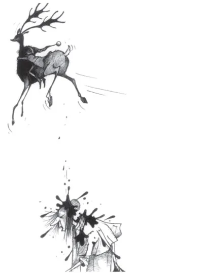 Zwart-wit illustratie door Chris Mould uit 'Een Jongen met de Naam Kerstmis' van Matt Haig met een vliegend rendier boven tante Carlotta.