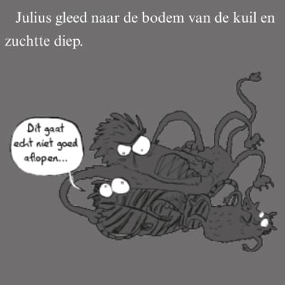 Illustratie van Julius Zebra in een kuil met de tekstballon "Dit gaat echt niet goed aflopen...