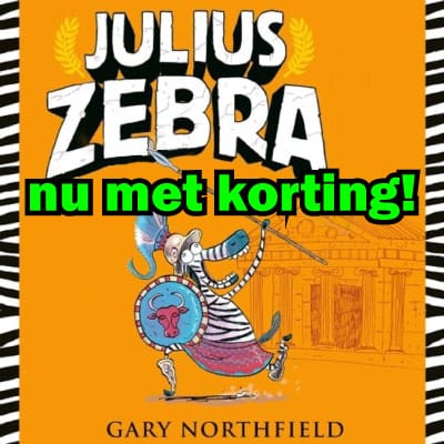 Boekcover van Julius Zebra met de tekst "Nu met korting!" benadrukt, uit de grappige kinderboekenserie van Gary Northfield.