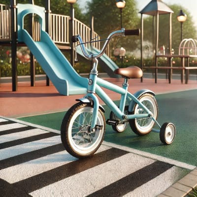 Lichtblauwe kinderfiets met zijwieltjes op een speelplein met een zwart-wit zebrapad en speeltoestellen op de achtergrond.