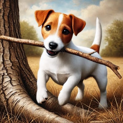 Fotorealistische afbeelding van een Jack Russell Terrier die met een stok speelt bij een boom.