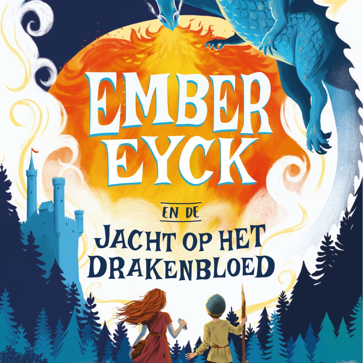 Boekomslag van "Ember Eyck en de jacht op het drakenbloed" door Jenny Moore, met een blauwe draak, een kasteel, en twee personages die uitkijken over een magisch landschap.