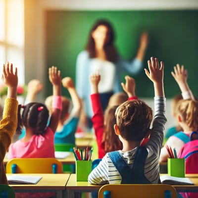 Kinderen in een klaslokaal steken enthousiast hun hand op terwijl de leraar bij het bord staat.