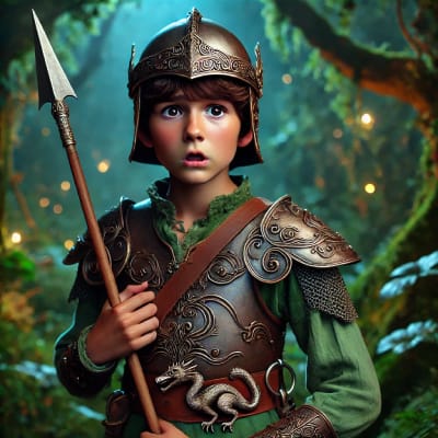 Afbeelding van Odolf, een jonge held uit het fantasyboek "Ember Eyck en de jacht op het drakenbloed", in een bos met middeleeuwse wapenrusting en een speer.