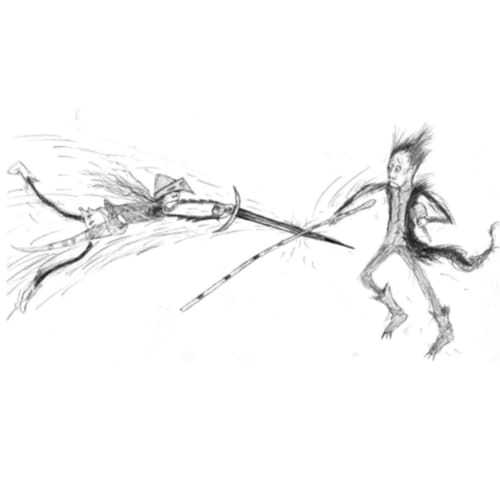 Illustratie van Xar en Wens uit De Tovenaars van Ooit, in gevecht met elkaar.