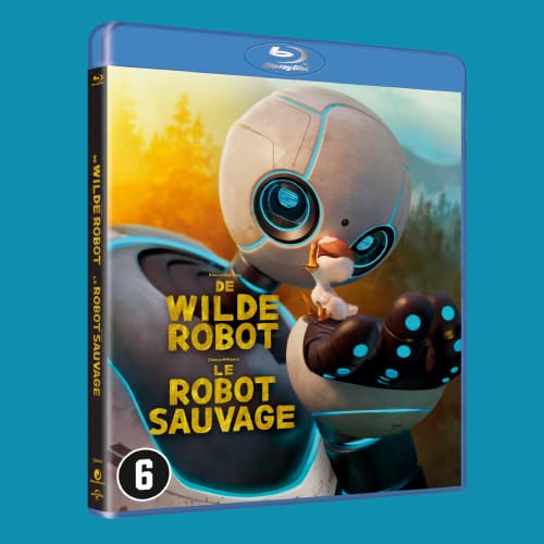 Blu-ray cover van DE WILDE ROBOT animatiefilm met Roz en een gansje op haar hand.