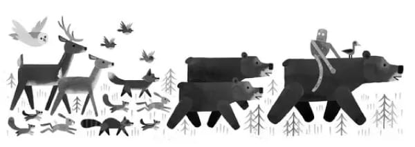 Illustratie van de robot Roz met beren, vossen, herten en vogels uit het boek De Wilde Robot van Peter Brown.