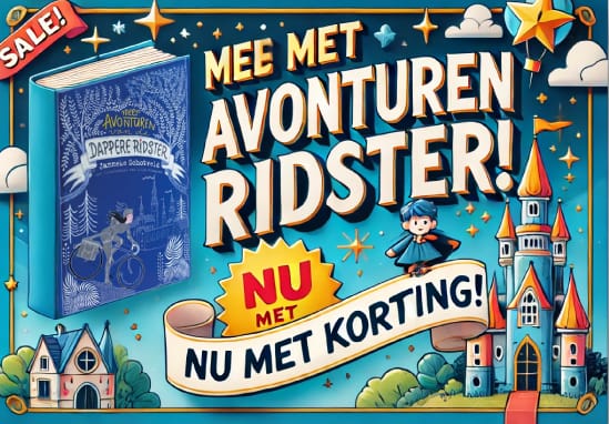 Promotieafbeelding van het kinderboek Avonturen van de Dappere Ridster met tekst 'Mee met avonturen ridster! Nu met korting!' en illustraties van een kasteel en het boek."