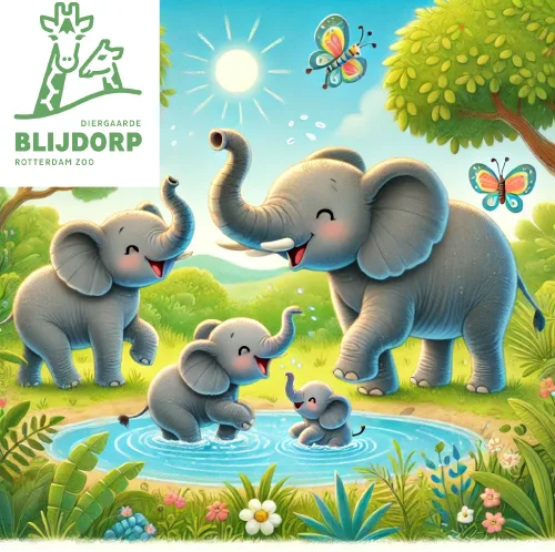 Illustratie van een olifantenfamilie bij een waterpoel, met een grote, kleine en babyolifant in een natuurlijke omgeving, kleurrijke vlinders en groen, passend bij de Blijdorp Colleges."