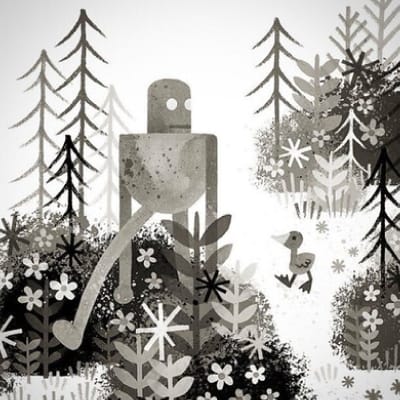 Illustratie van de robot Roz en een gansje in een bos uit het boek De Wilde Robot van Peter Brown