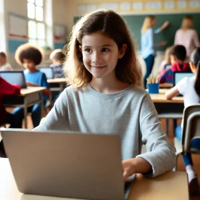 Kind leert typen op een laptop tijdens de les op school