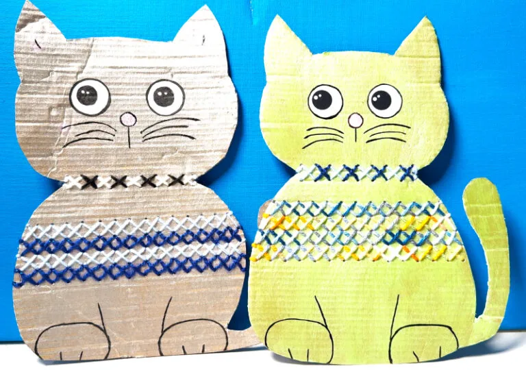 Knutselwerk borduren met kinderen – Kartonnen katten met geborduurde patronen