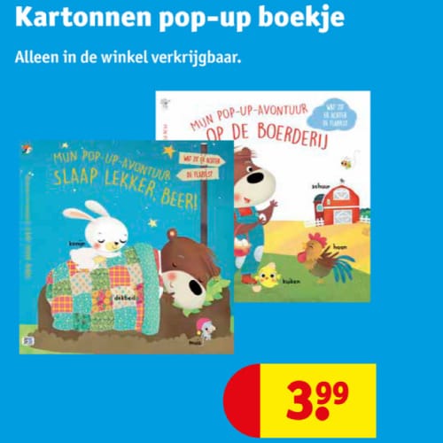 Kartonnen pop-up boekjes bij Kruidvat – Slaap lekker, Beer! en Op de boerderij voor €3,99