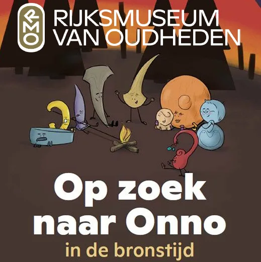 Illustratie van het speurboekje ‘Op zoek naar Onno in de bronstijd’ van het Rijksmuseum van Oudheden, met getekende voorwerpen rond een kampvuur.