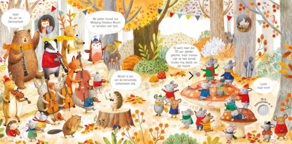 Afbeelding uit het prentenboek 'Het dierenorkest speelt Mozart', geïllustreerd door Ag Jatkowska. In een herfstbos spelen dieren samen muziek en vertellen ze over Mozart. De tekstballonnen bevatten leerzame weetjes, en kinderen kunnen op een knop drukken om een muziekfragment van Mozart te horen.