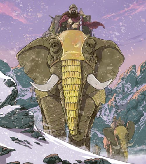 Illustratie uit 'Hoe vijanden vrienden kunnen worden' van Yuval Noah Harari, met Hannibal op een oorlogsolifant in de besneeuwde bergen.