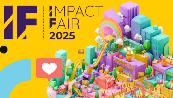Banner van de Impact Fair 2025 met de tekst: "Grootste impact experience van Europa. Ontmoet dé changemakers van nu! 3, 4 en 5 april 2025 | Jaarbeurs, Utrecht". De afbeelding toont een kleurrijke illustratie van een duurzame stad met gebouwen, bomen en mensen.