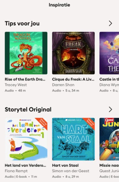 Boekentips in het inspiratie-tabblad van de Storytel-app voor kinderen van alle leeftijden