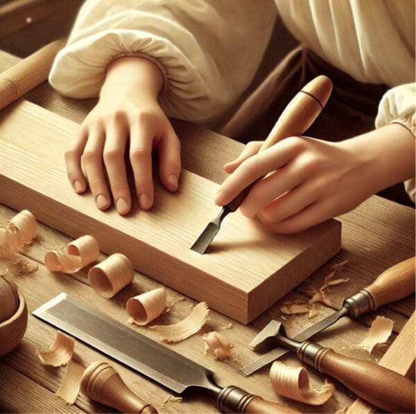 Persoon bewerkt hout met beitel – werken met je handen