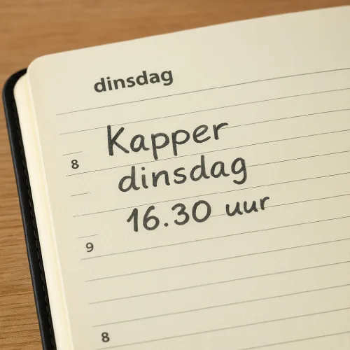 Agenda met een handgeschreven afspraak: “kapper dinsdag 16.30 uur”