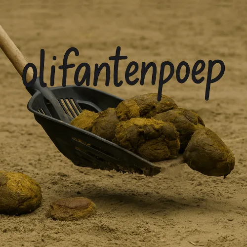 Olifantenpoep op een schep in de dierentuin met speelse tekst erboven
