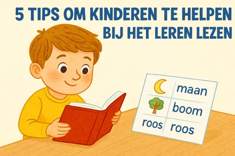 Illustratie van jongen die leest met woorden als maan, boom en roos, met de tekst 5 tips om kinderen te helpen bij het leren lezen