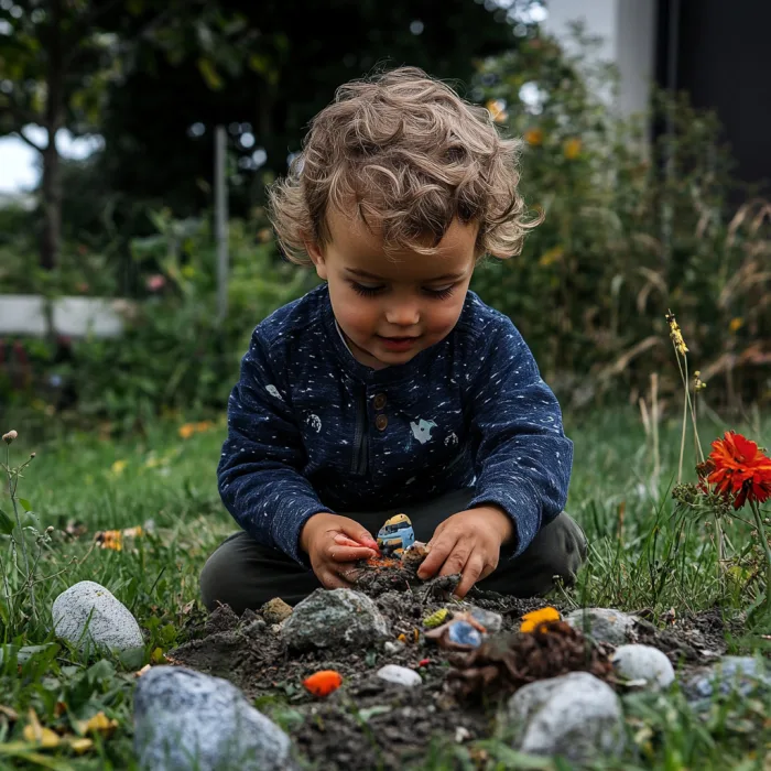 Kind van 1 jaar speelt buiten in de tuin met speelgoed