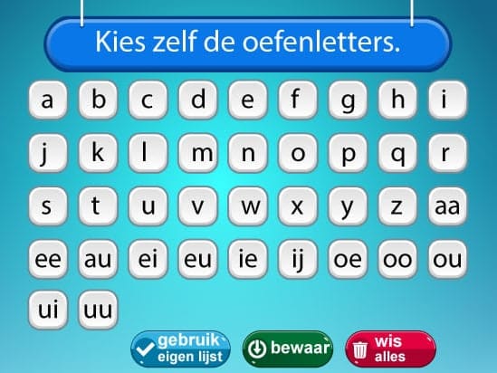 Overzicht van letters in de app waarbij kinderen zelf oefenletters kunnen kiezen