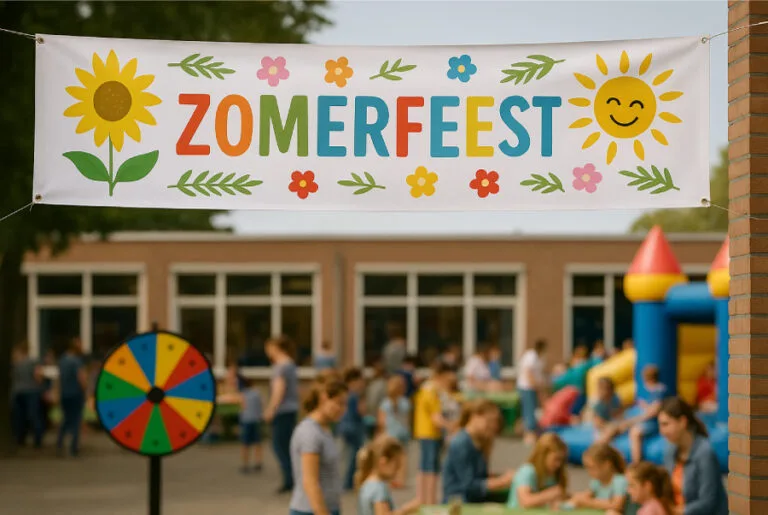 Spandoek met Zomerfeest boven het schoolplein met activiteiten op de achtergrond