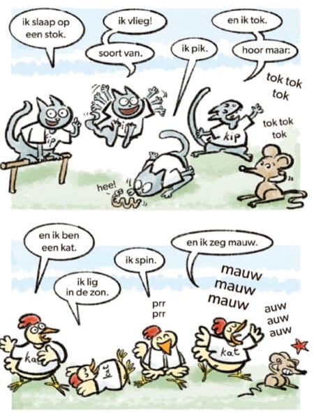 Illustratie uit AVI stripboek Kip en Kat: kat doet alsof hij een kip is, kip doet alsof ze een kat is.