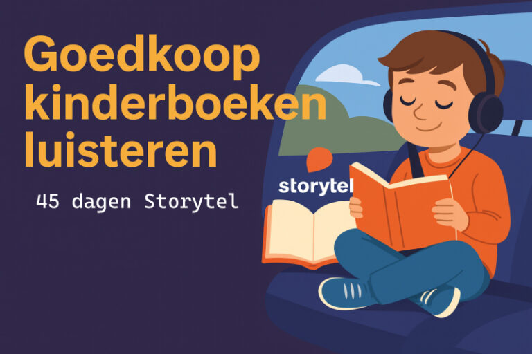 Kind zit met koptelefoon en boek op de achterbank van een auto – kinderboeken gratis luisteren met Storytel