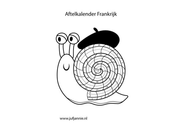 Gratis aftelkalender Frankrijk voor kinderen met slak om in te kleuren