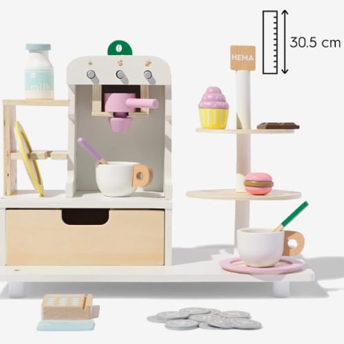 Houten speelgoed koffiebar van HEMA met kopjes, gebakjes en muntgeld, geschikt voor rollenspel