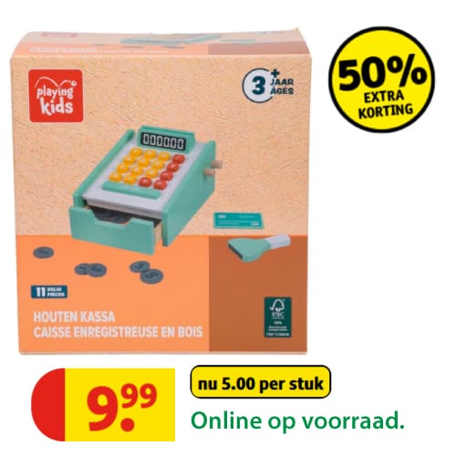 Houten speelgoedkassa van Playing Kids bij Kruidvat, geschikt voor rollenspel met kinderen vanaf 3 jaar