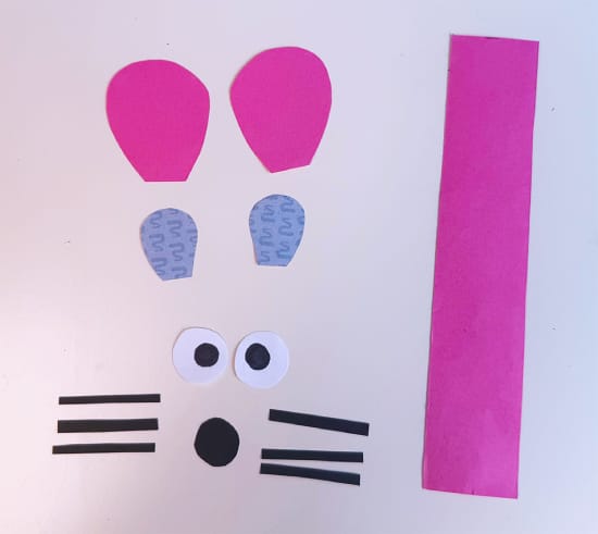 Onderdelen voor muis knutselen van papier: oren, ogen, snorharen en strook