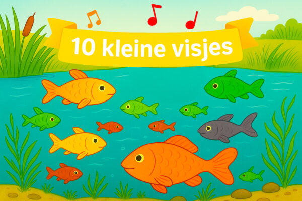 Illustratie van 10 kleine visjes in een sloot, met een gele banner met de titel van het kinderliedjeIllustratie van 10 kleine visjes in een sloot, met een gele banner met de titel van het kinderliedje