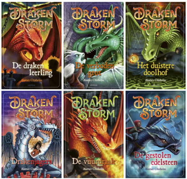 Alle zes boeken van de Drakenstorm serie van Alastair Chisholm: De drakenleerling, De verboden grot, Het duistere doolhof, Drakenjagers, De vuurdraak en De gestolen edelsteen.