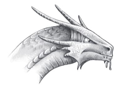 Zwart-wit illustratie van een draak uit de Drakenstorm serie van Alastair Chisholm.