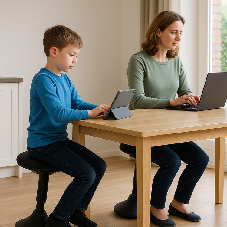 Kind en ouder zitten rechtop op ergonomische kruk aan keukentafel in huis