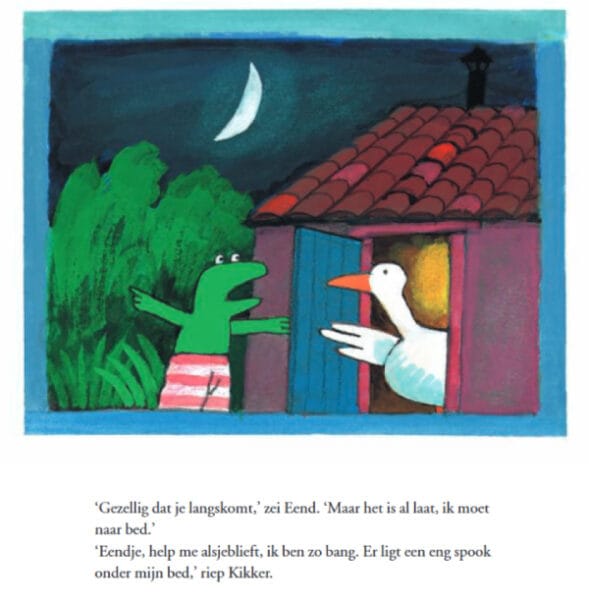 Illustratie uit prentenboek Kikker is bang van Max Velthuijs, Kikker vraagt hulp aan Eend