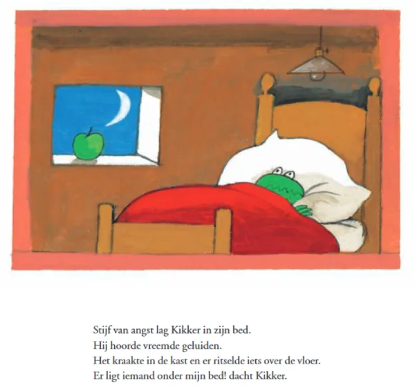 Illustratie uit prentenboek Kikker is bang van Max Velthuijs, Kikker bang in bed