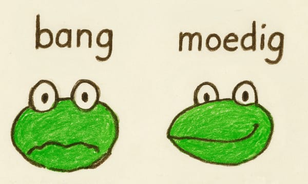Kikker uit het prentenboek tekent emoties bang en moedig in kinderstijl

