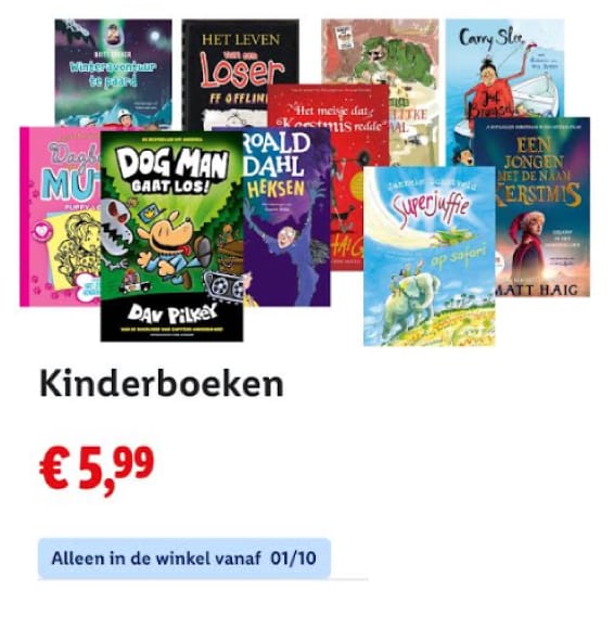 Kinderboeken Lidl actie 2025 met titels van Roald Dahl, Dav Pilkey, Janneke Schotveld en meer