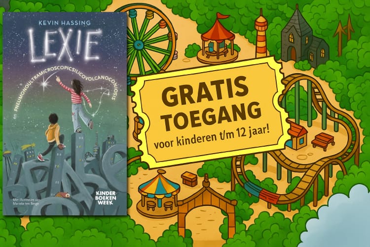 Boek Lexie van Kevin Hassing, Kinderboekenweekgeschenk 2025, met ticket dat gratis toegang tot pretpark toont