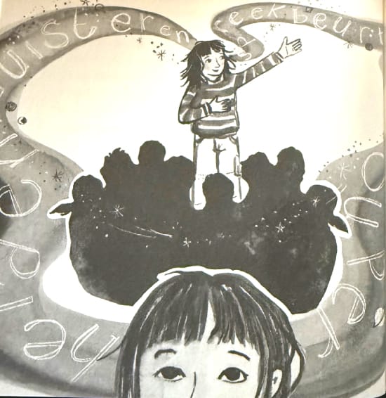 Illustratie uit Lexie van Kevin Hassing, getekend door Marieke ten Berge.