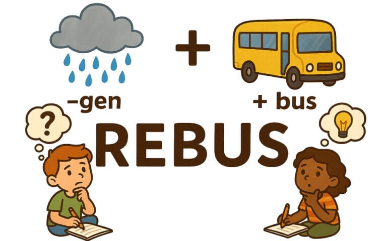 Rebusopdrachten voor kinderen: regen (-gen) + bus, twee kinderen denken; voorbeeld/kaft uit gratis pdf