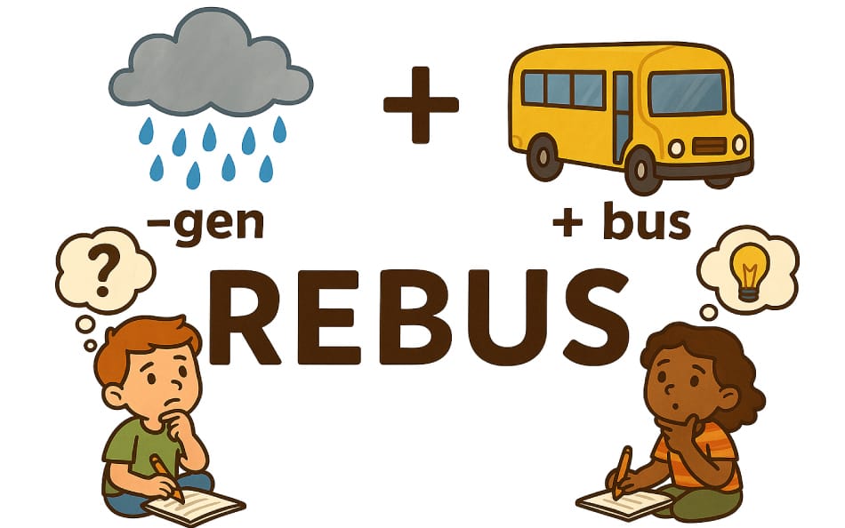 Rebusopdrachten voor kinderen: regen (-gen) + bus, twee kinderen denken; voorbeeld/kaft uit gratis pdf