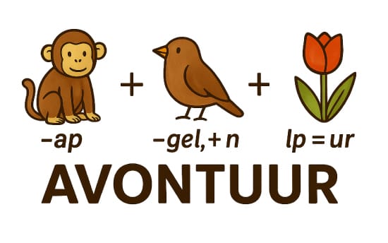 Voorbeeldrebus ‘avontuur’: aap (-ap) + vogel (-gel, +n) + tulp (lp=ur) – uit gratis pdf voor kinderen