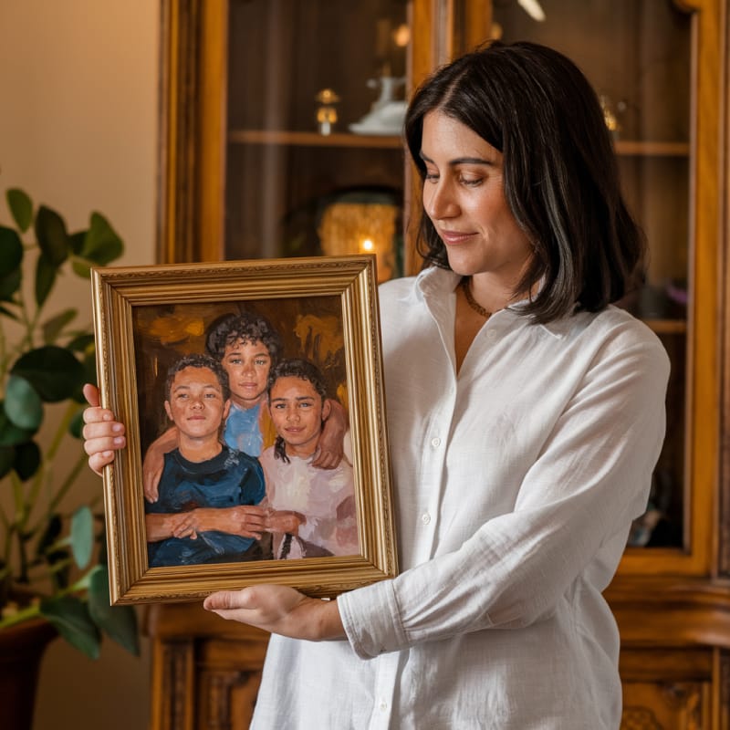 Vrouw toont trots een schilderij gemaakt met schilderen op nummer voor kinderen