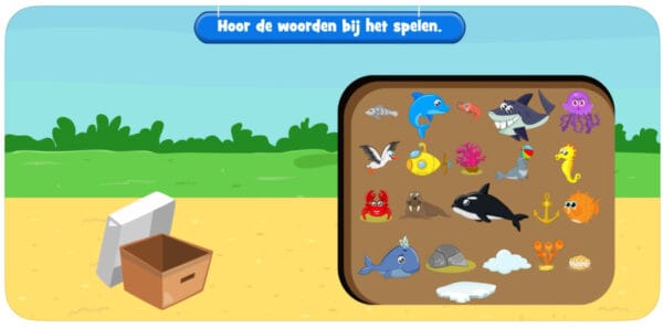 creenshot van de app Taal en woordenschat – de zee, met zeedieren en voorwerpen in een speelscherm